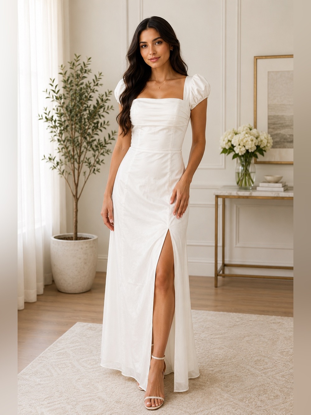 Ivory Maxi Formal Dress Size 4 Puff Sleeve Lace-Up Back NWT